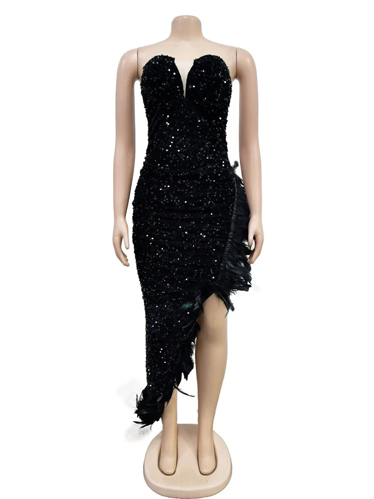 Beberino Feather Spliced Backless Strapless Bodycon Dress for Sensual Nightout