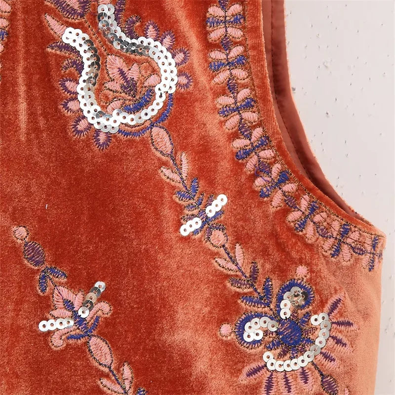 Beberino Sequined Floral Embroidery Velvet Vintage Waistcoat Sleeveless Crop Top