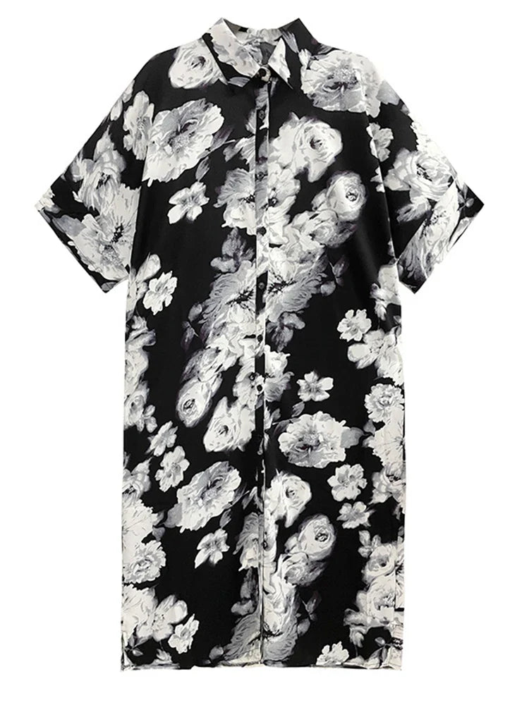 Beberino Women's Black Pattern Shirt Dress - Short Sleeve Summer Loose Fit Fashion