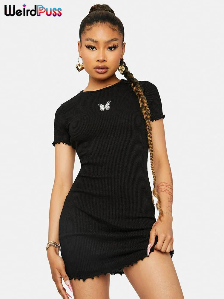 Beberino Ribbed Stretch Puss Butterfly Embroidery Mini Dress - Summer Streetwear Style