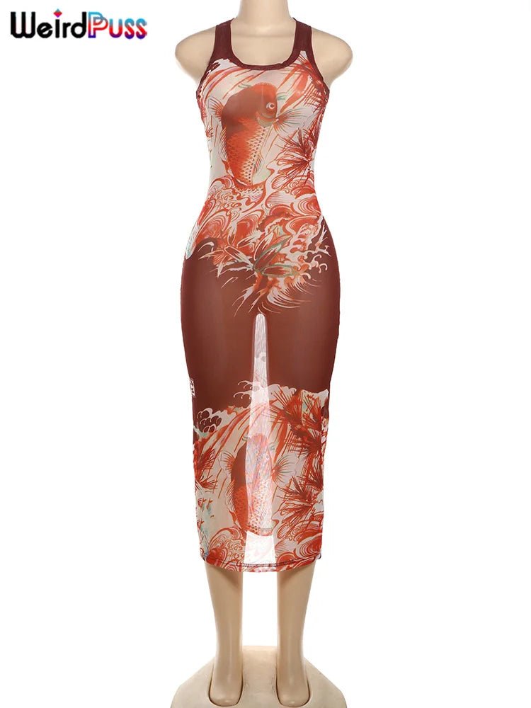 Beberino Fish Print See Through Bodycon Clubwear Tank Dress for Summer Trend