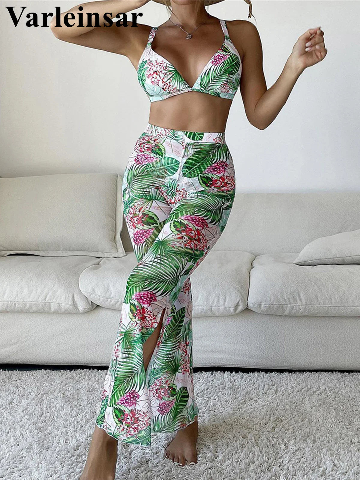 Beberino Beach Print Bikini Three-piece Swimwear Set for Women - New Leaves Design