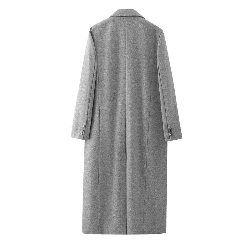 Beberino Double Breasted Long Woolen Coat Gray, Oversize Elegant Winter Outerwear