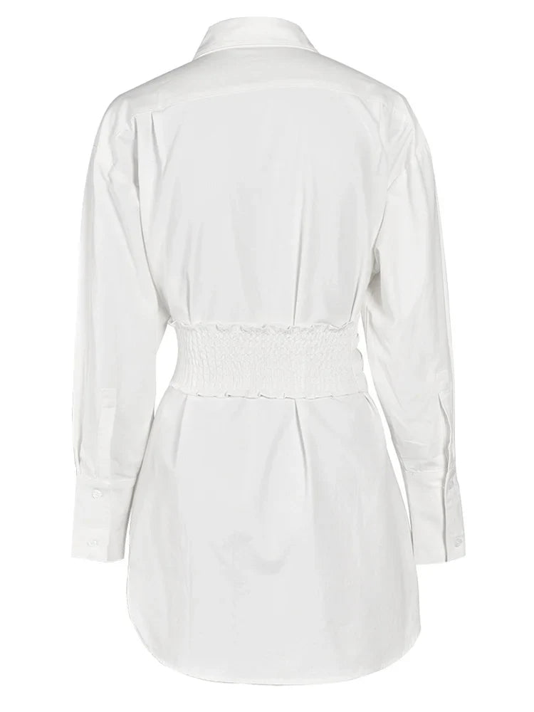 Beberino White Pleated Belted Mini Shirt Dress, Lapel Long Sleeve Loose Fit