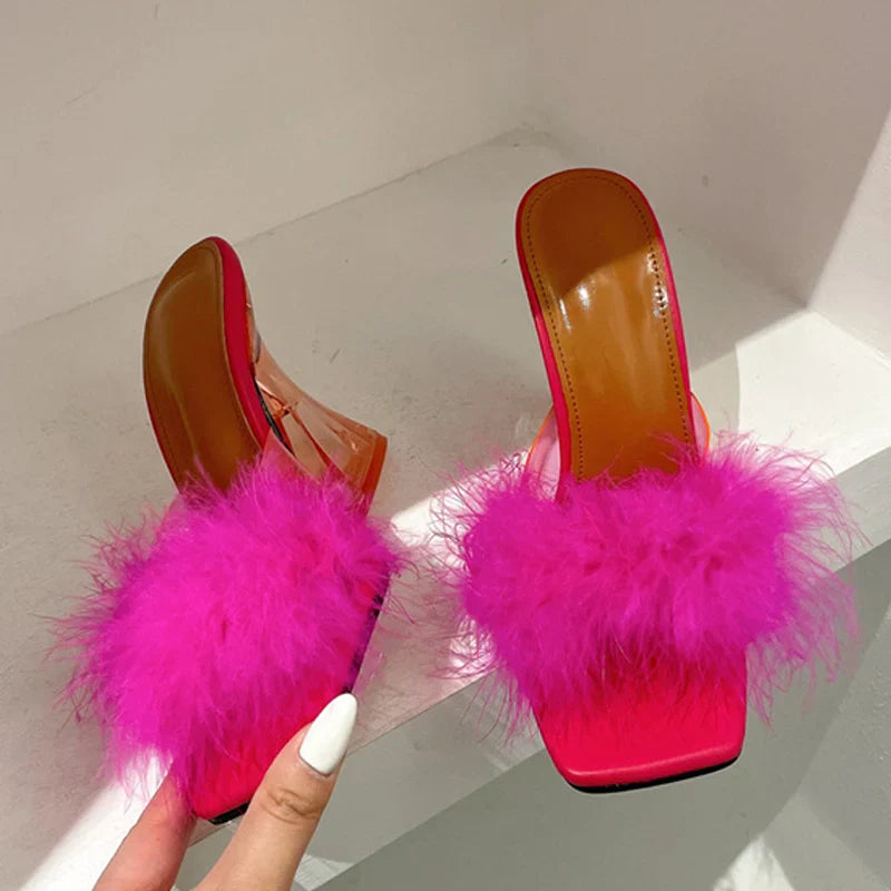 Beberino Clear Feather Heels Slides | Fashion Fur Summer Sandals