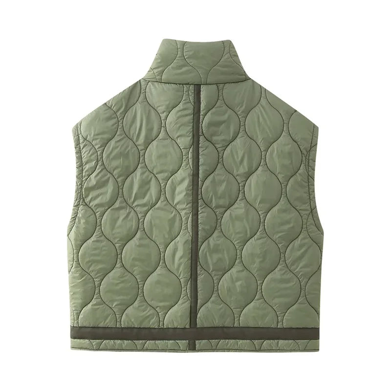 Beberino Quilted Zip-Up High Neck Vest Crop Top - Army Green Vintage Parka