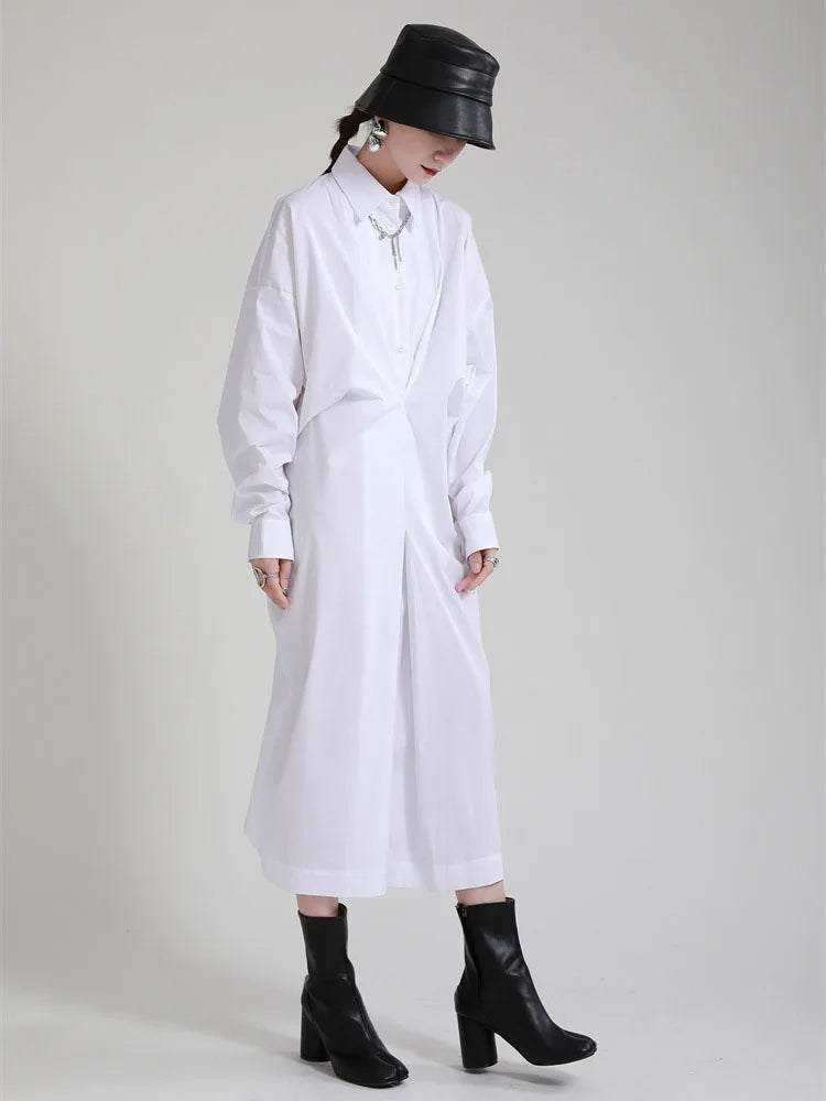 Beberino White Pleated Big Long Shirt Dress Lapel Loose Fit Spring Autumn 2024