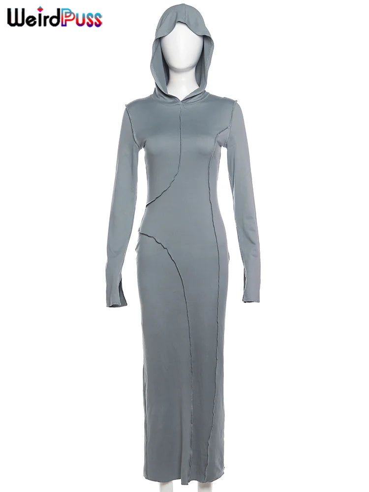 Beberino Vintage Hooded Sheath Dress with Back Split & Slim Fit.