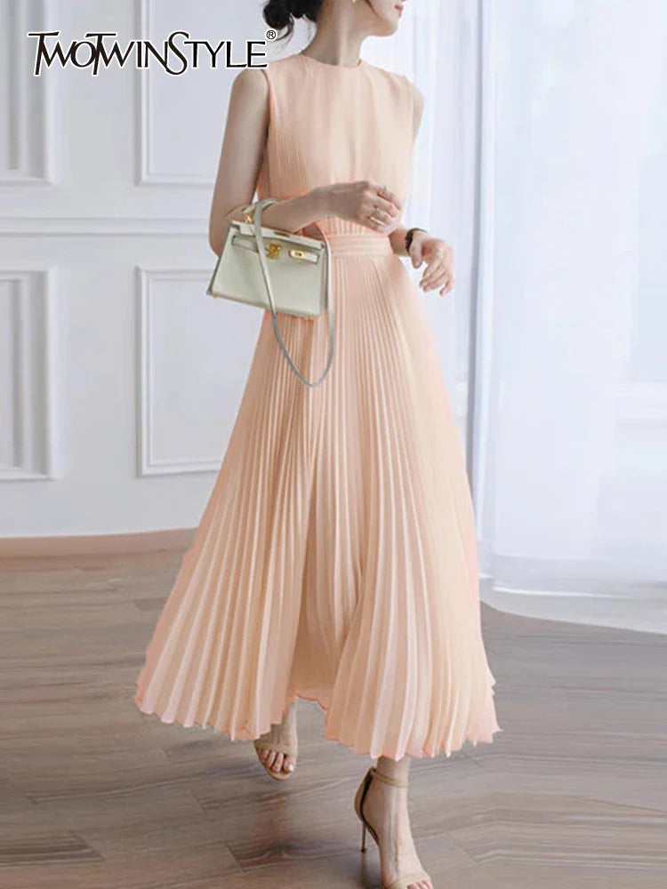 Beberino Pleated Sleeveless Dress - Elegant Round Neck High Waist Summer Fashion