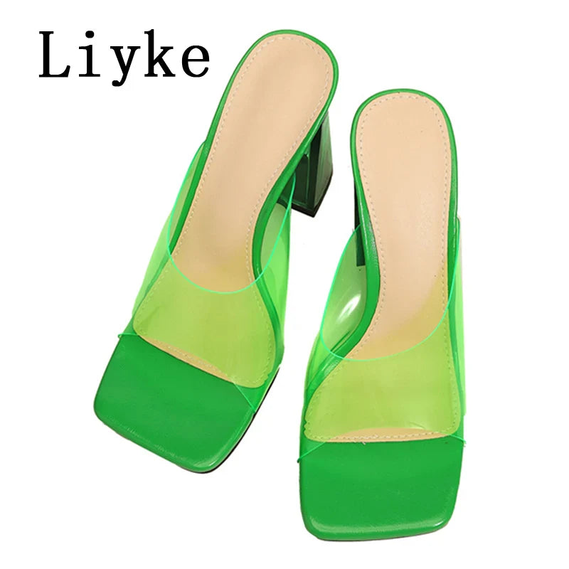 Beberino Green PVC Crystal Square High Heels Mules - Transparent Slip-On Sandals