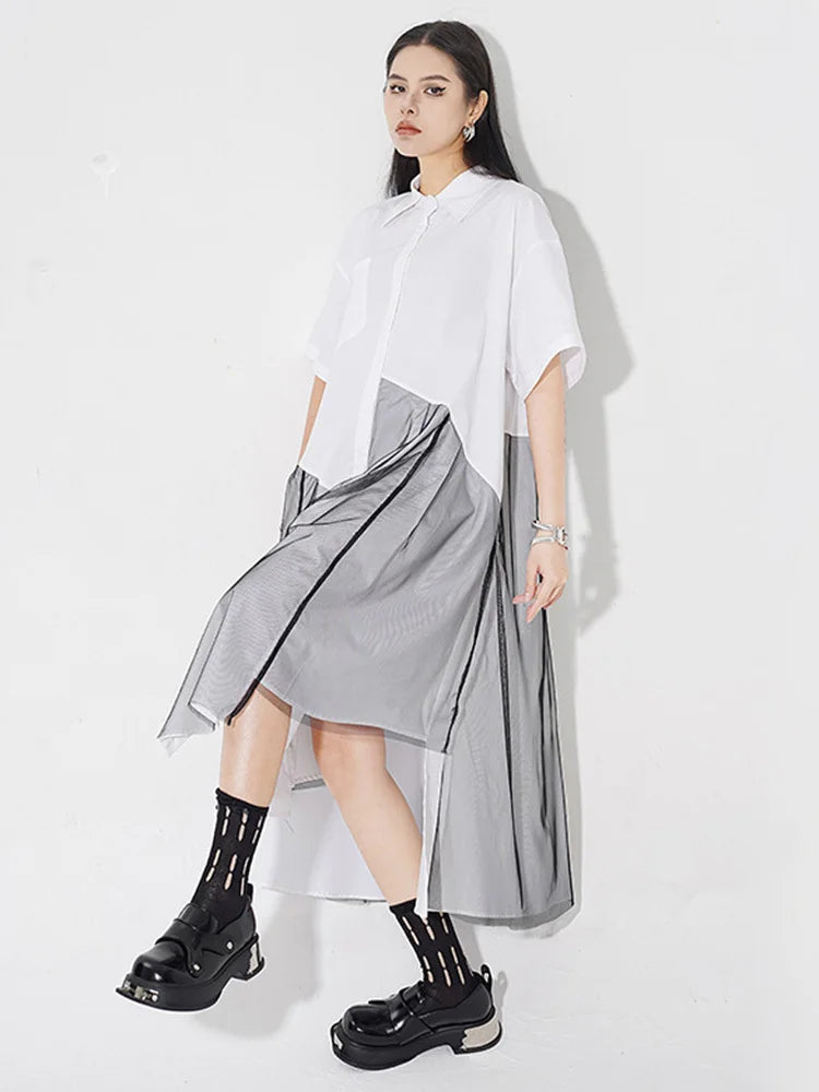 Beberino White Mesh Spliced Irregular Shirt Dress Lapel Short Sleeve Summer 2024