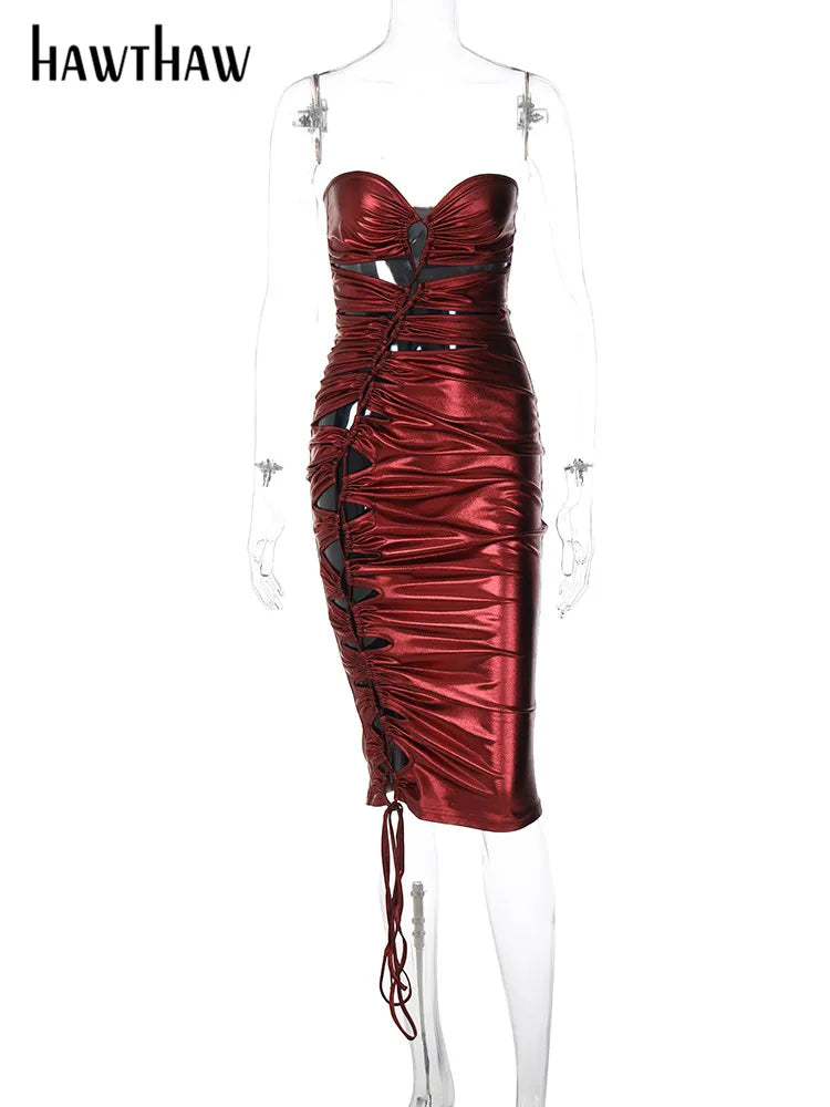 Beberino Red Bodycon Midi Dress for Women - Sexy Club Party Evening Wear