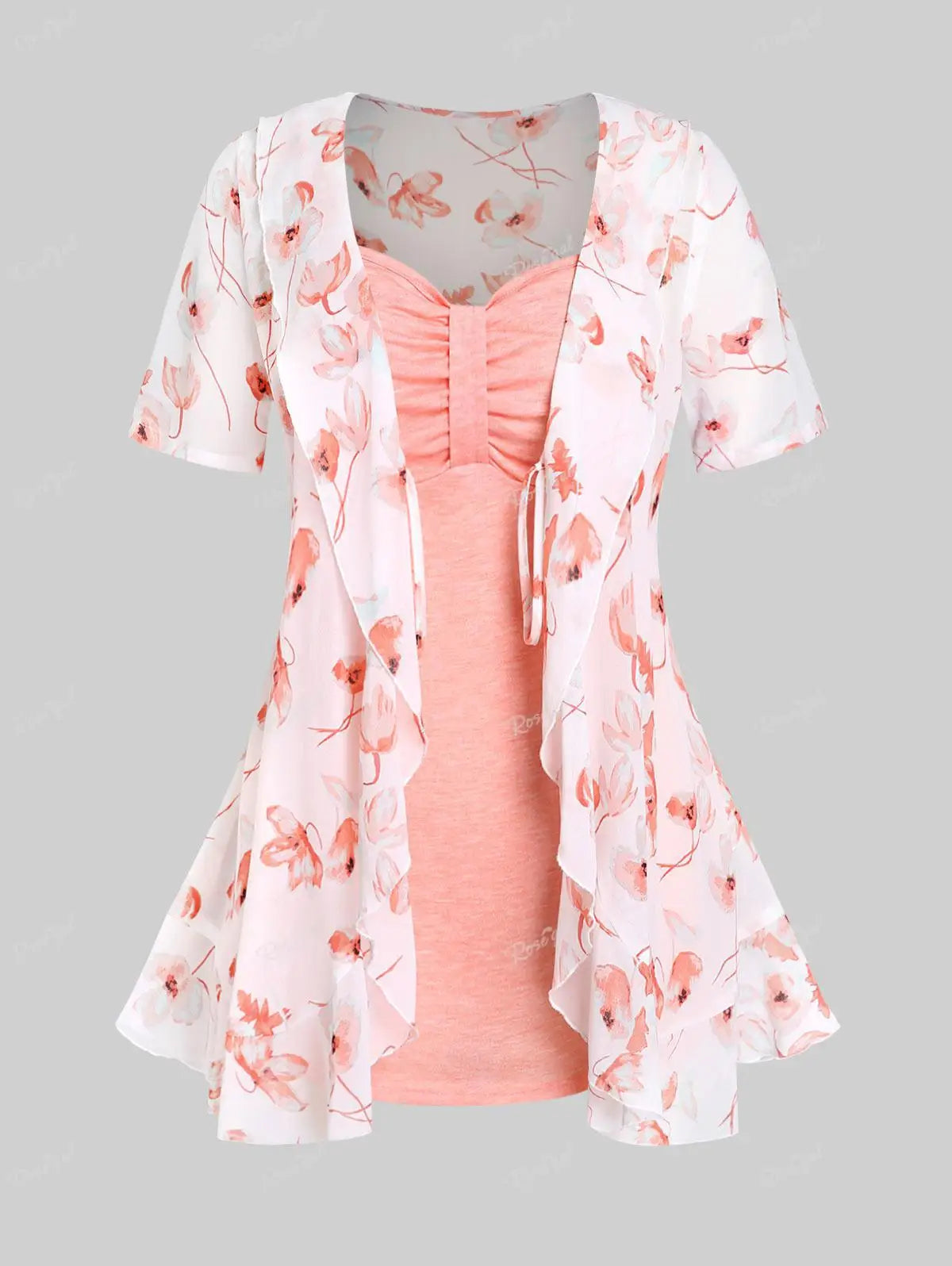 Beberino Floral Print Ruffle Blouse & Tank Top Set