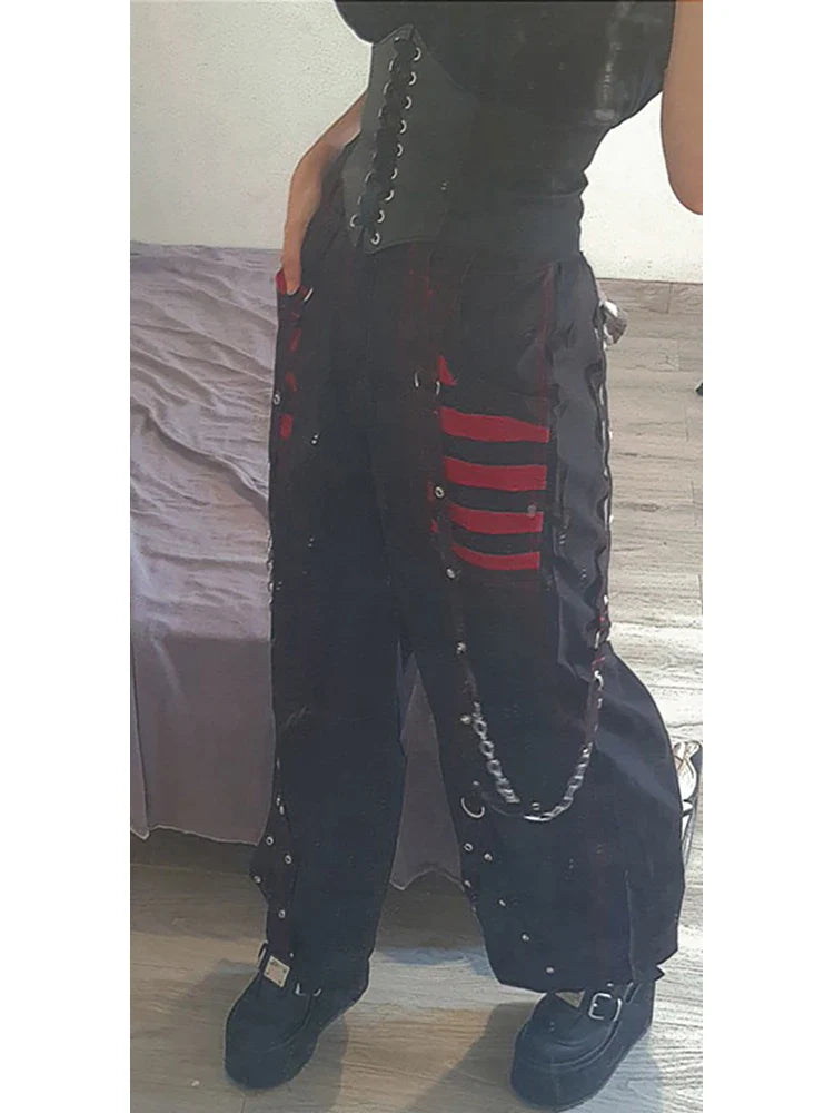 Beberino Wide Leg Black Punk Pants High Waist Harajuku Techwear Grunge Gothic