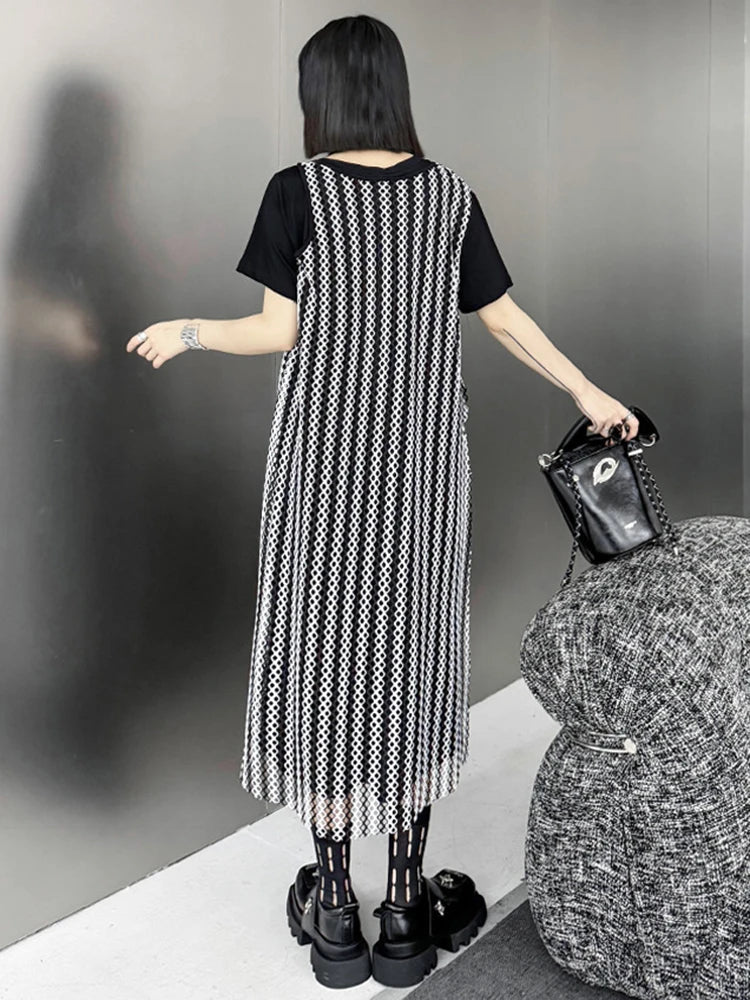 Beberino Black Mesh Casual Midi Dress Round Neck Short Sleeve Fashion Trend 2024