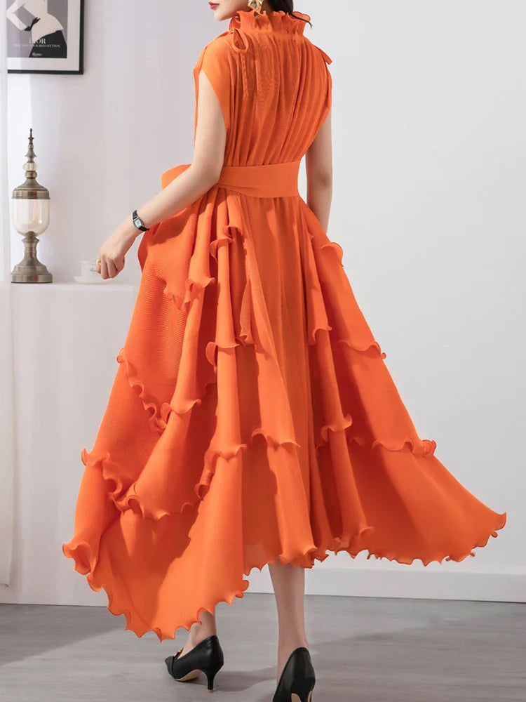 Beberino Ruffled Collar Sleeveless Summer Dress Elegant Mid-Length Solid Folds Women's Fashion