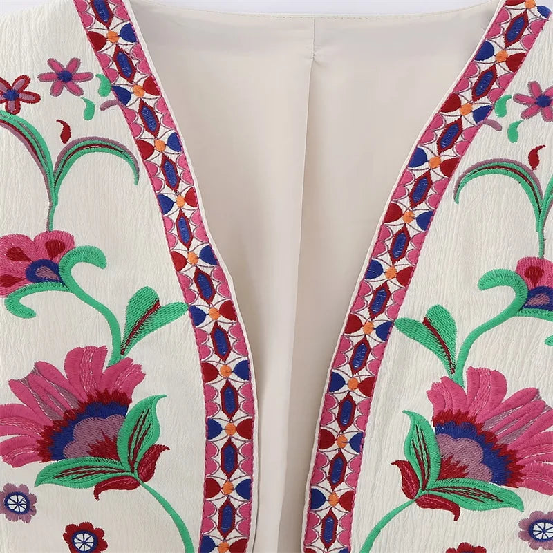 Beberino Vintage Floral Embroidered Open Waistcoat for Women - National Style Vest