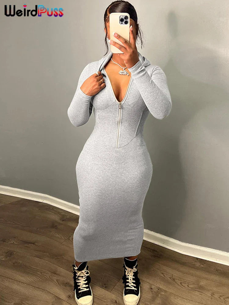 Beberino Weird Puss Hooded Maxi Dress: Stylish Zip Bodycon Streetwear for Women