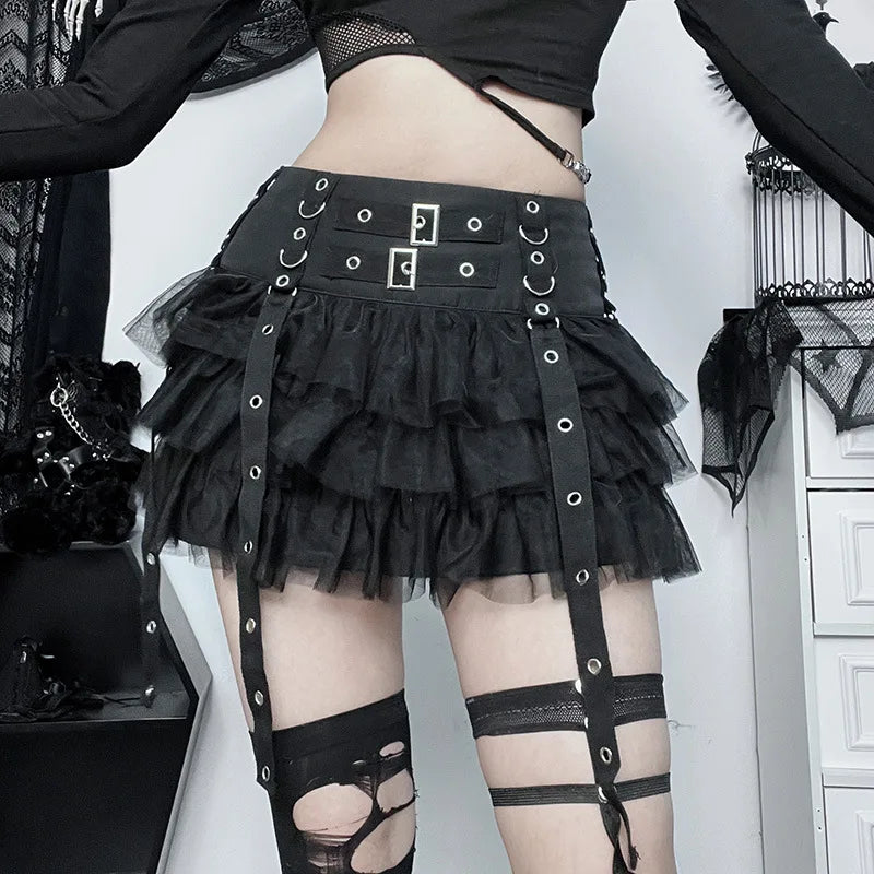 Beberino Goth Ruffles Mesh Splice Mini Skirt, Gothic Aesthetic Harajuku Punk High Waist