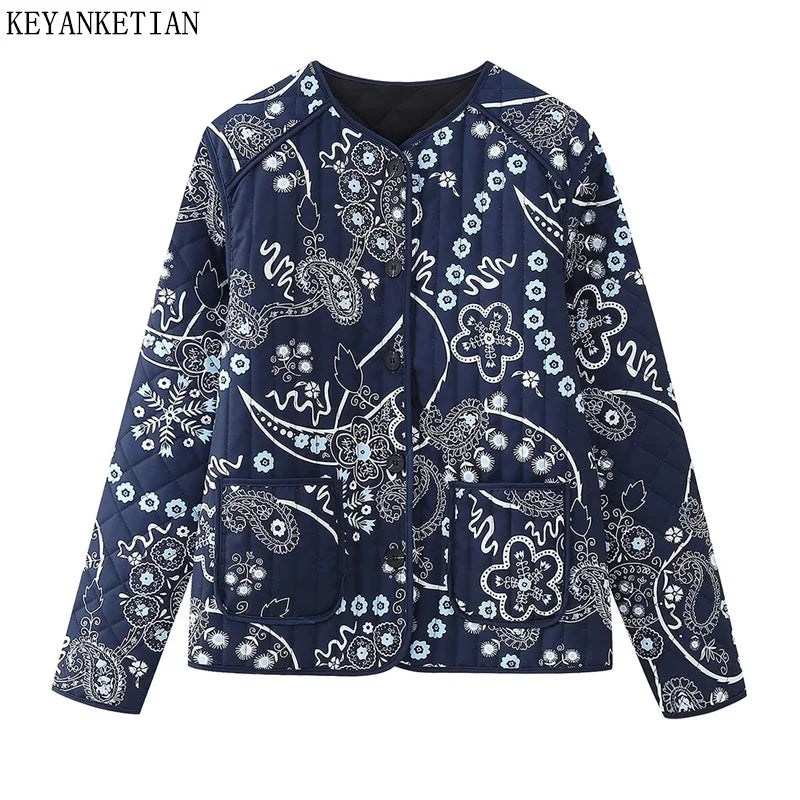 Beberino National Vintage Floral Print Women's Quilting Coat Cropped Jacket