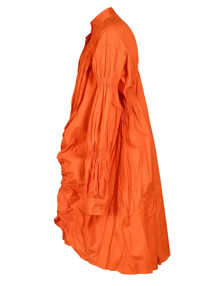 Beberino Orange Pleated Dress with Stand Collar, Big Size, Long Sleeve