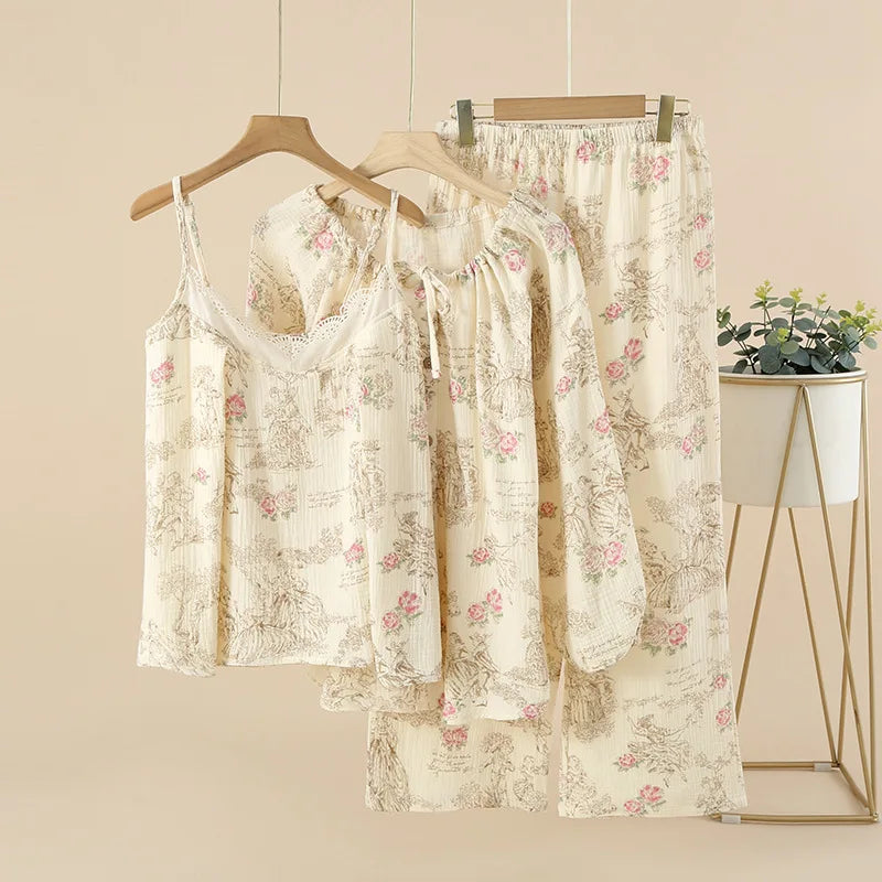 Beberino 100% Cotton Crepe Pajama Set with Long Sleeves, Lace Trim, and Suspenders
