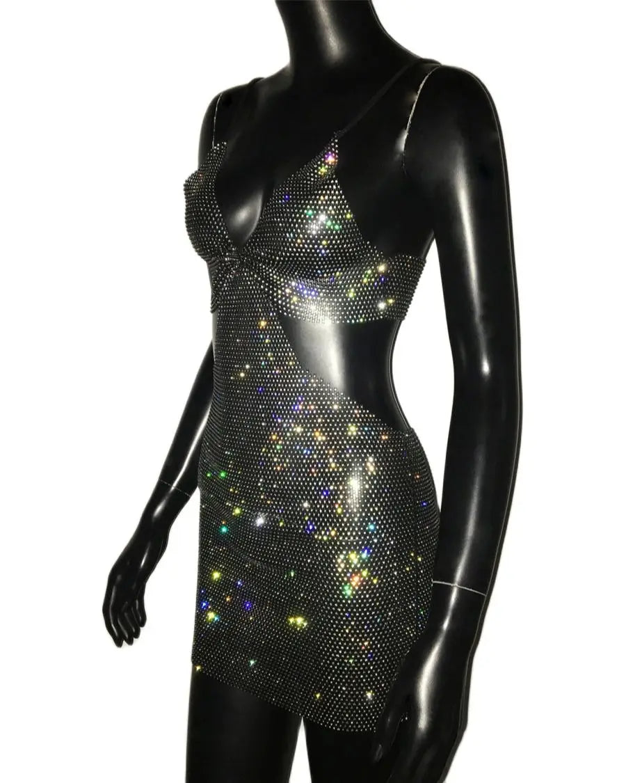 Beberino Glitter Rhinestone Mesh Mini Dress | Y2K Backless Deep V-Neck Nightclub Party Dress