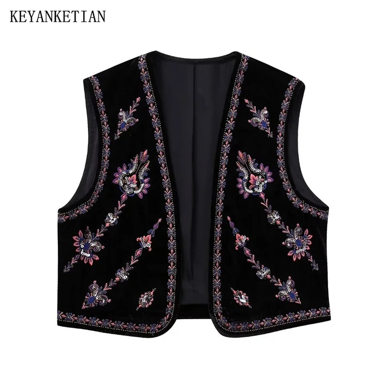 Beberino Sequined Floral Embroidery Velvet Waistcoat Vest Vintage Sleeveless Crop Top