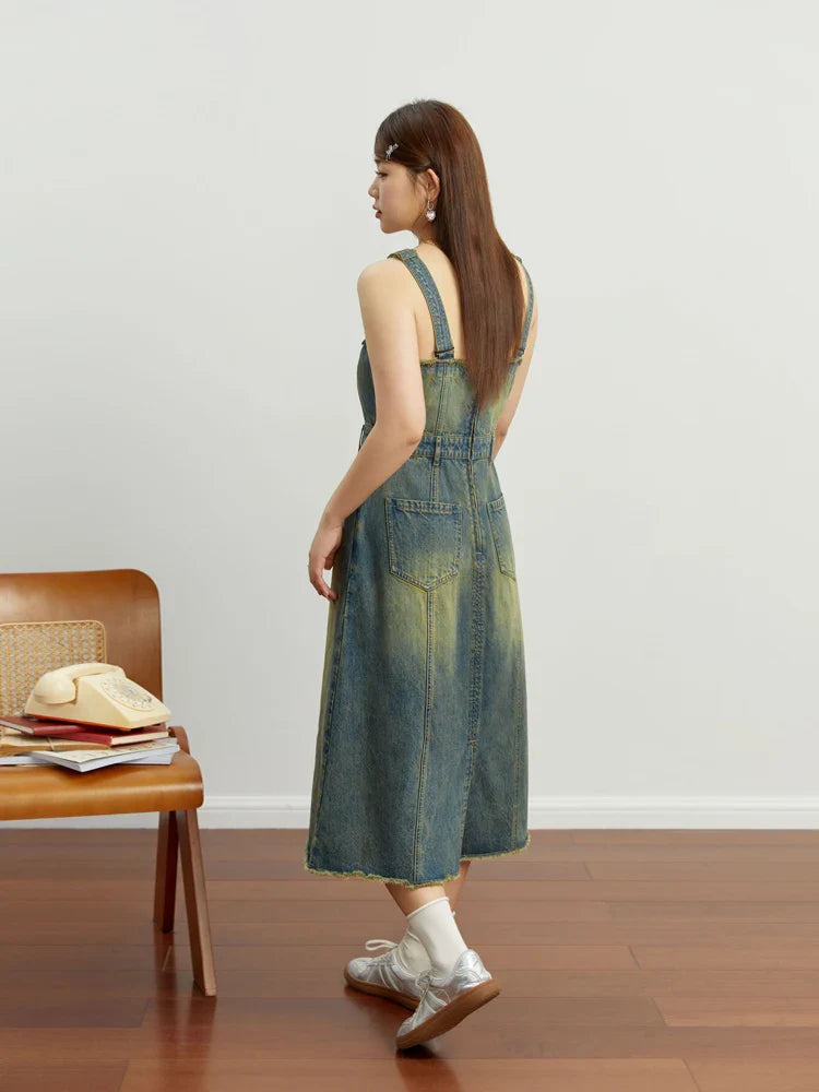 Beberino Denim Strap Dress: Retro A-line Long Suspender Skirt with Raw Hem Design