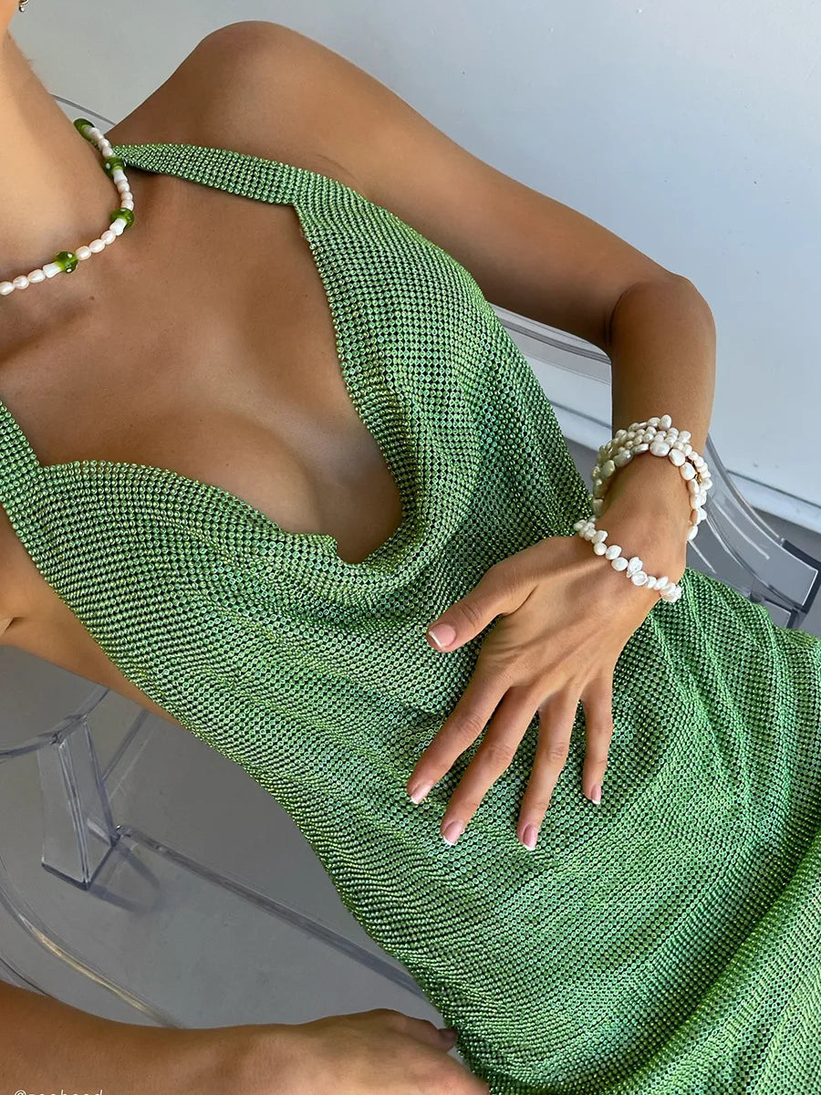 Beberino Rhinestone Halter Neck Backless Mini Dress:sleeveless, V Neck, Side Split, Party Dress