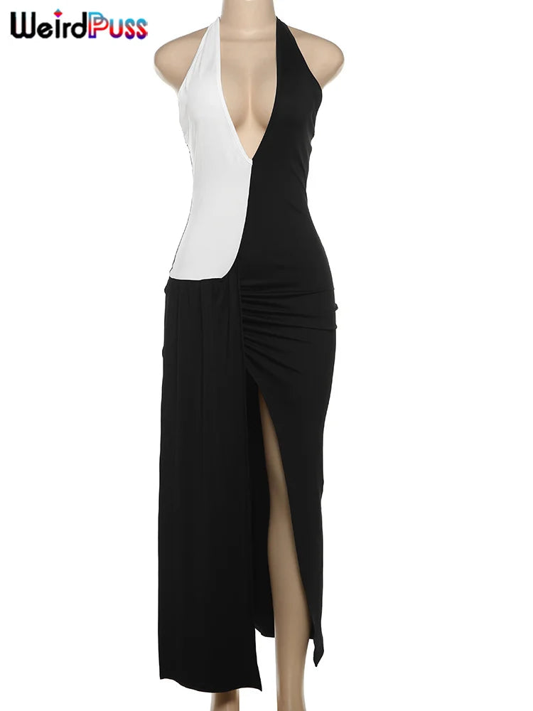 Beberino Contrast Split Dress: Sexy Ruffles Halter Elegant Deep V-Neck Chic Party Wear