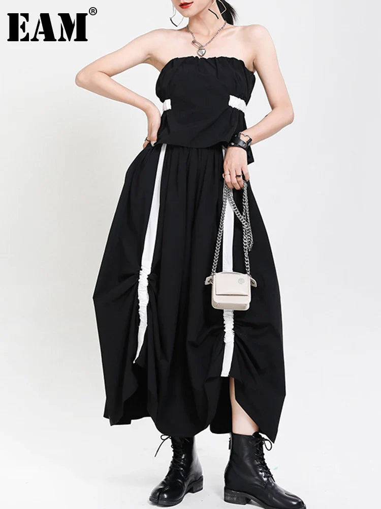 Beberino Elegant Black Dress with Split Joint Design & Puff Sleeves