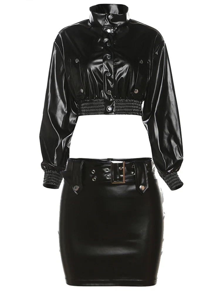 Beberino Leather Button Jacket & Sash Skirts Set