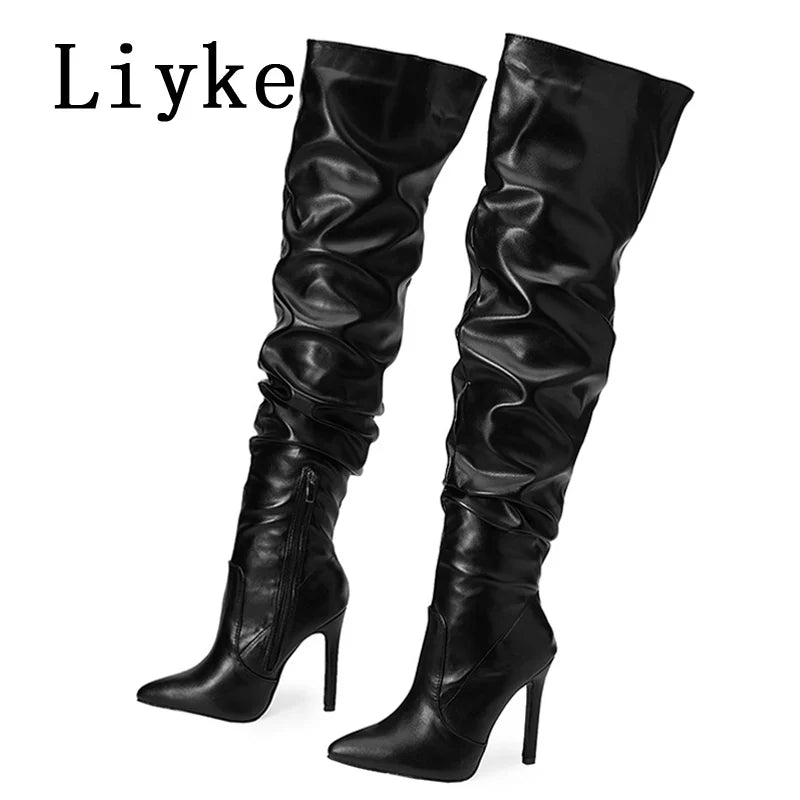 Beberino Pleated Leather Over The Knee Boots, Pointed Toe, Stripper Heels