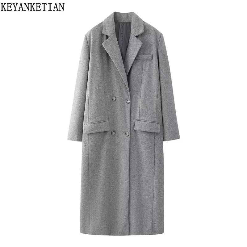 Beberino Double Breasted Long Woolen Coat Gray, Oversize Elegant Winter Outerwear