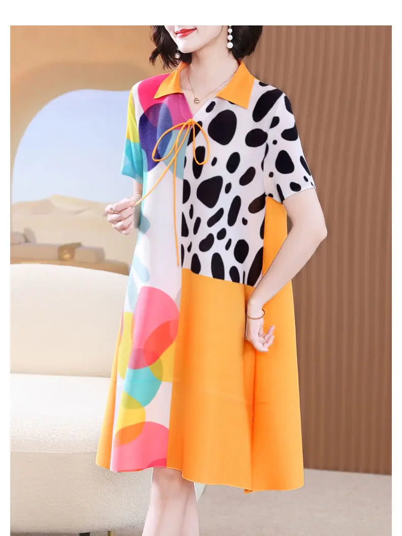 Beberino 2024 Summer Printed Pleated Dress for Women - Elegant, Mid-length, Short-sleeved