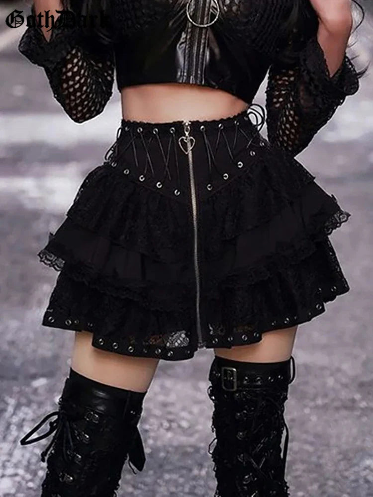 Beberino Lace Patchwork Gothic Pleated Mini Skirt for Women