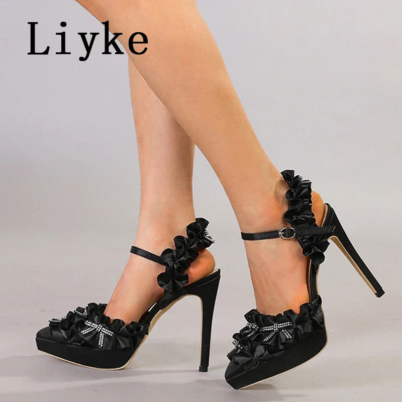 Beberino Pleated Petal Platform Pumps Crystal Bowknot High Heels Sandal