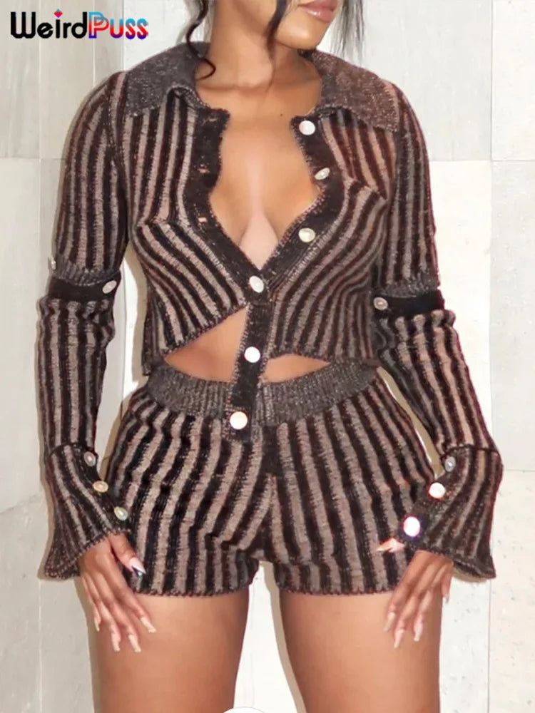 Beberino Striped Crochet 2-Piece Set: Long Sleeve Top + High Waist Bottoms