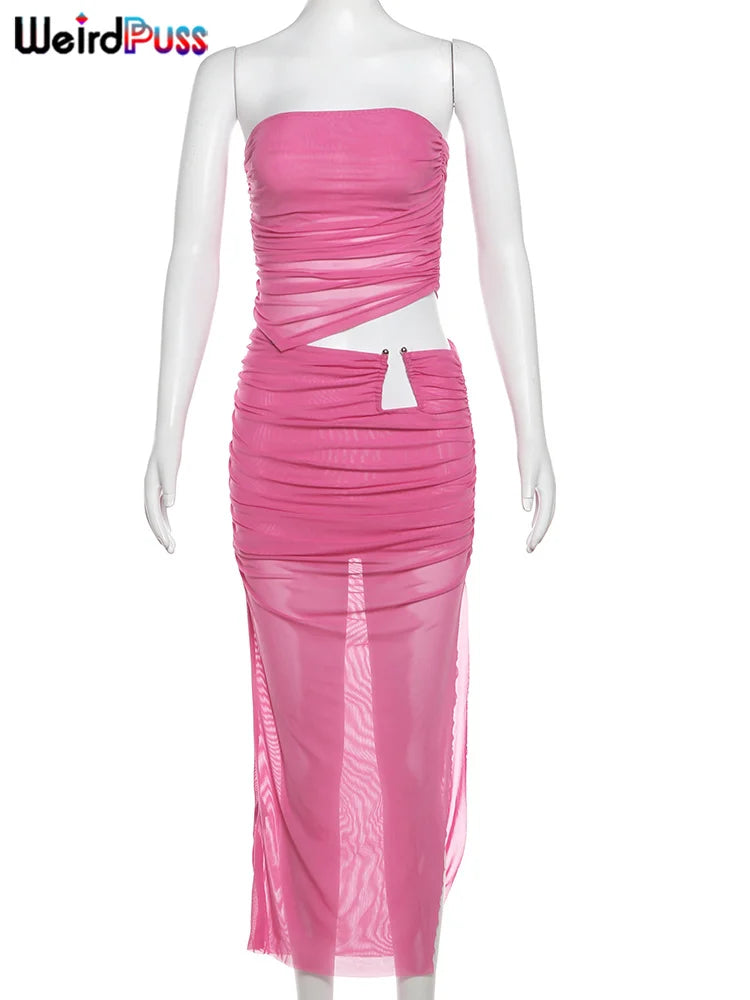 Beberino Strapless Mesh Sequined Dress with Ruffles and Splits