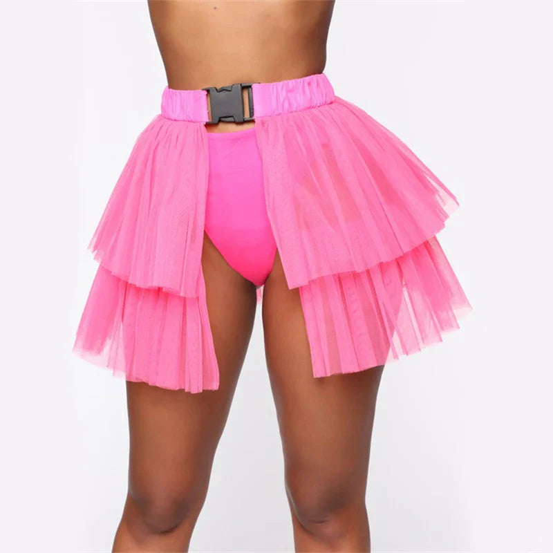 Beberino Mesh Pleated Patchwork Mini Skirt with Buckle Strap in Solid Color