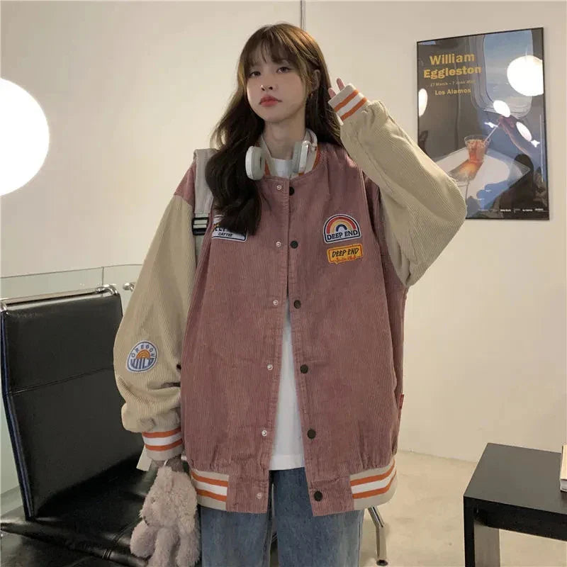 Beberino Corduroy Oversize Jacket: Retro Patchwork Baseball Uniform for Women