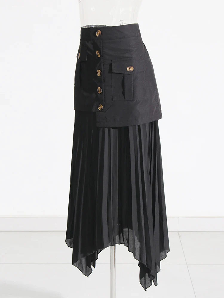 Beberino Patchwork Button Skirt with Irregular Hem & Pleats - Stylish A-Line High Waist Fashion