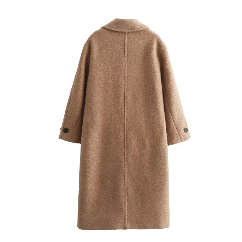 Beberino Long Woolen Coat: Elegant Notched Collar Single Breasted Winter Fashion Coat