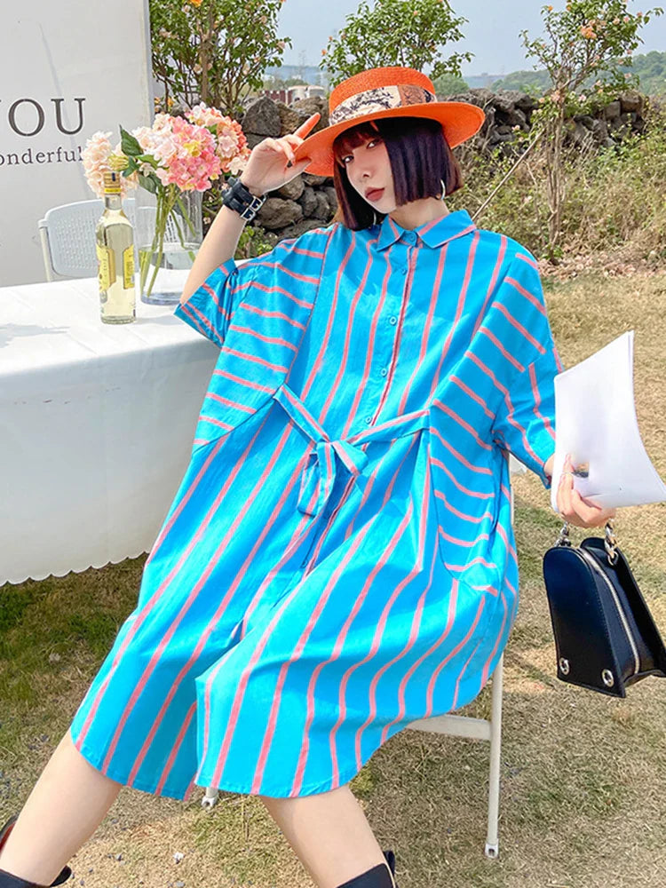 Beberino Blue Striped Oversized Shirt Dress with Lapel, Half Sleeves - Spring/Summer 2024