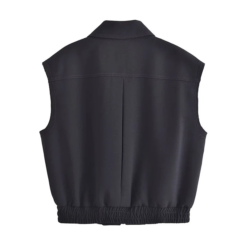 Beberino Fly Zip-up Black Crop Vest Top Flap Pockets Sleeveless Loose High Street