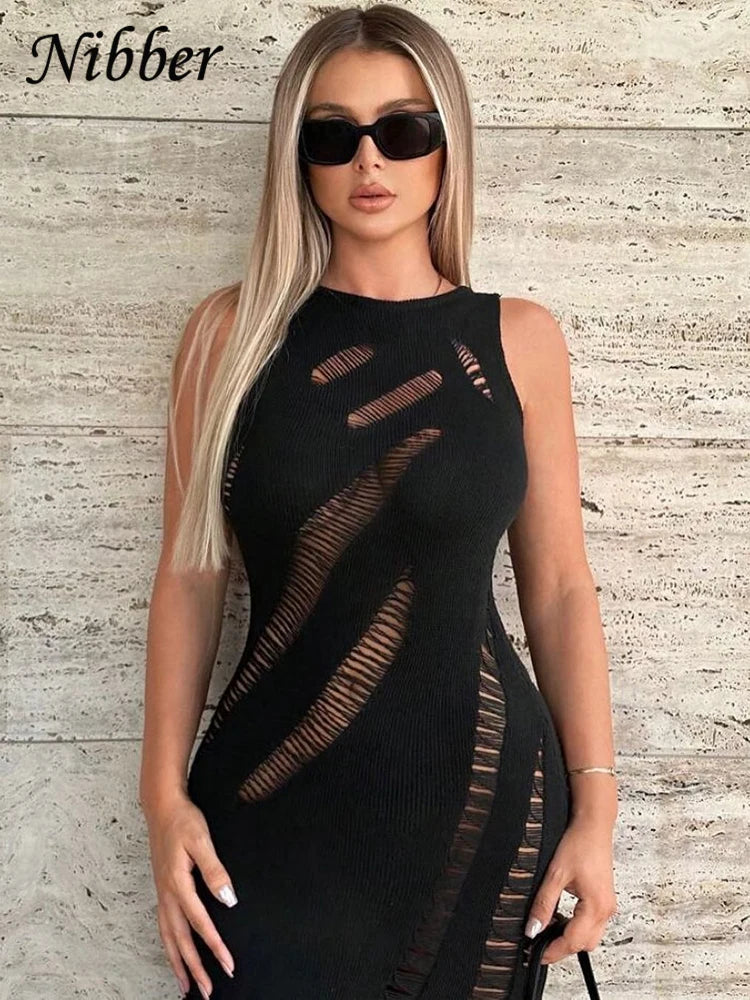 Beberino Knit Maxi Dress: Sheer Sexy Stretch Sleeveless O-Neck Ripped Evening Vacation Dress