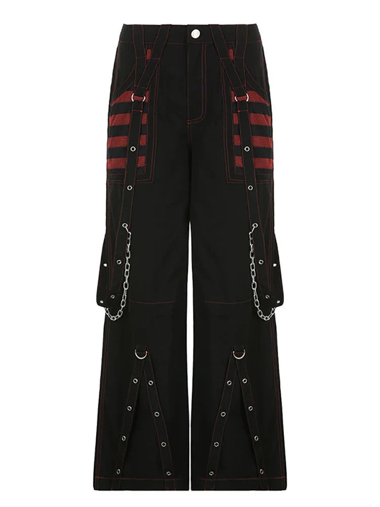 Beberino Wide Leg Black Punk Pants High Waist Harajuku Techwear Grunge Gothic