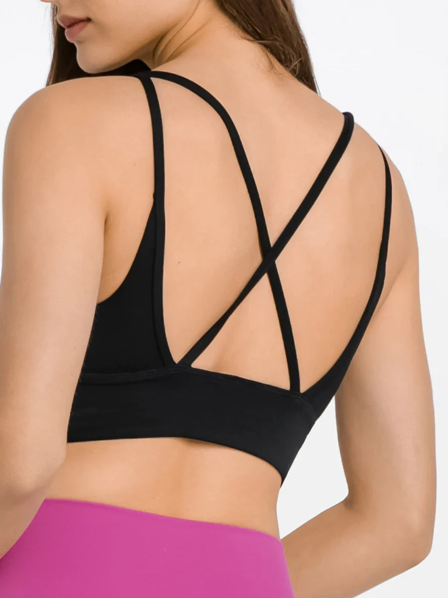 Beberino Strappy V-neck Sports Bra for Women: Medium Support Push Up Yoga Bra