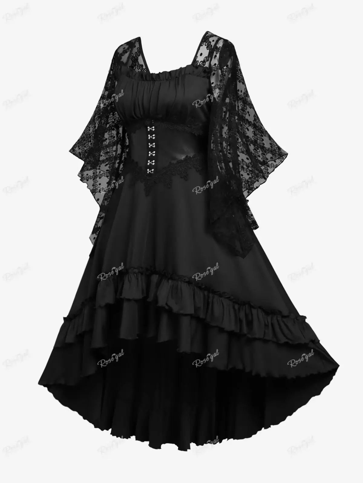 Beberino Gothic Lace Panel High Low Dress with Ruched Detail and Butterfly Sleeves